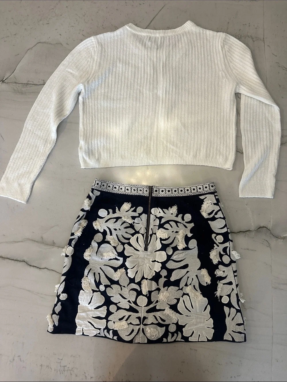 Maeve Navy Mini Skirt with White Floral Embroidery & Knit Sweater Set